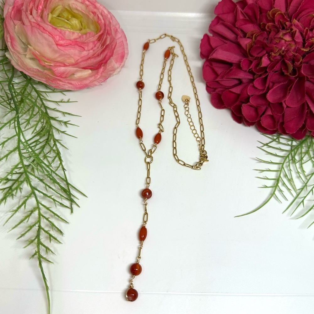 NEW⚜️Carnelian & Coral Lariat Beaded Necklace - Picture 2 of 7